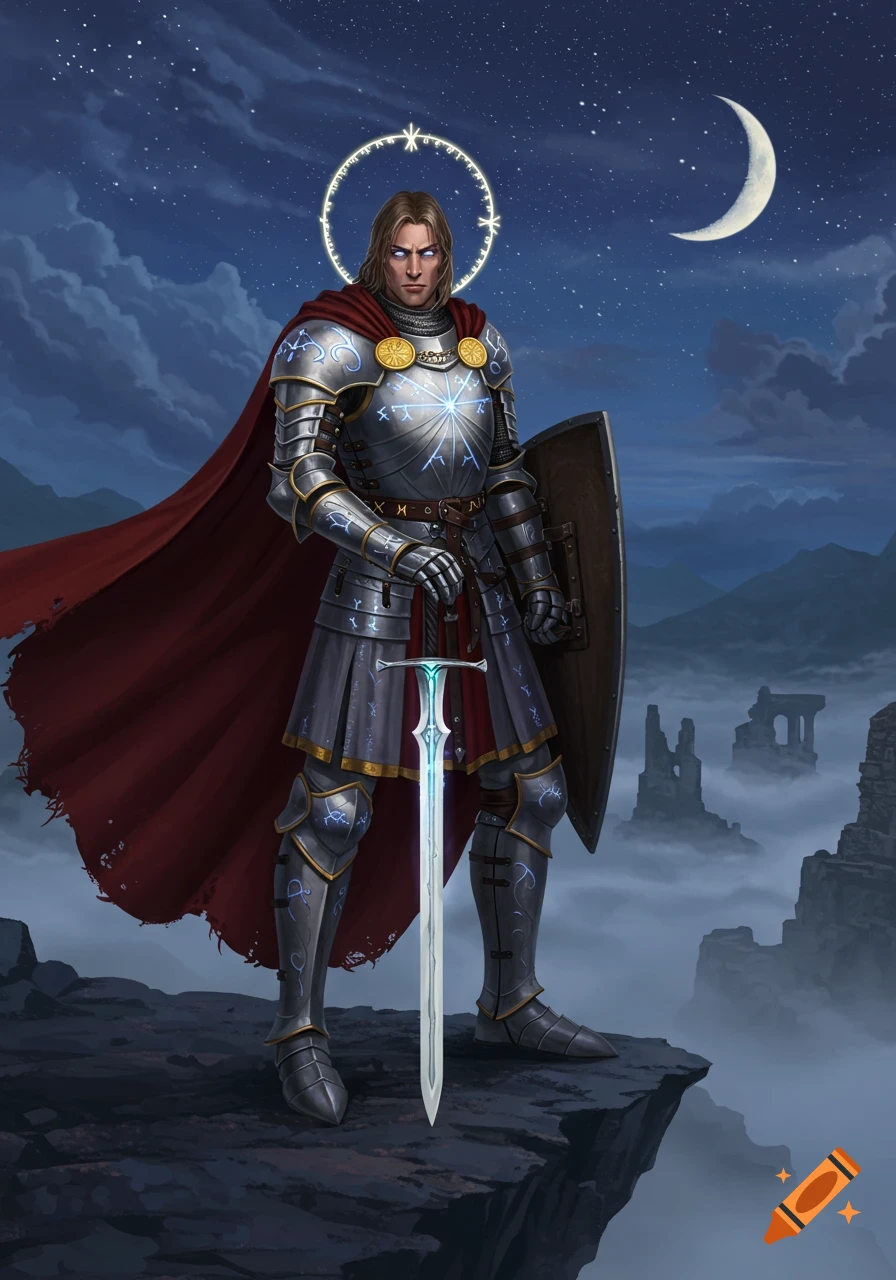 A stoic knight in ornate silver and gold armor with glowing runes stands on a cliff under a starry night sky with a crescent moon.