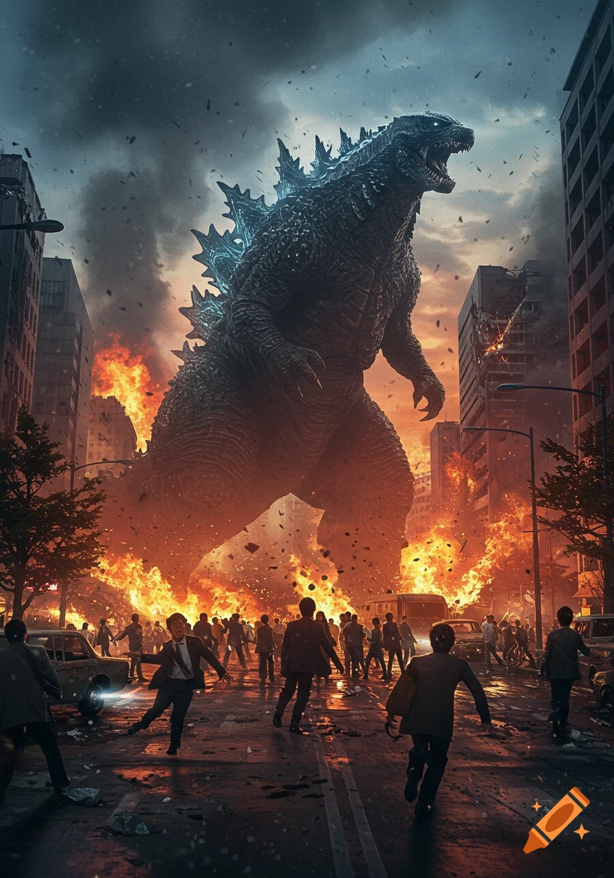 Photorealistic Godzilla destroying a burning city, with people fleeing in the streets.