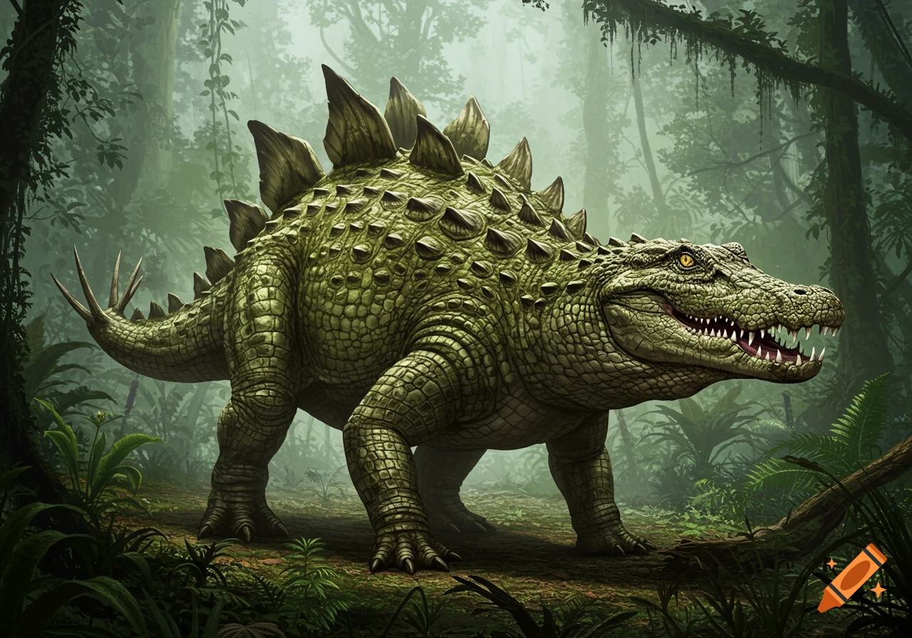A large, green, crocodile-headed stegosaurus-like creature with armored skin and dorsal plates walks through a misty jungle.