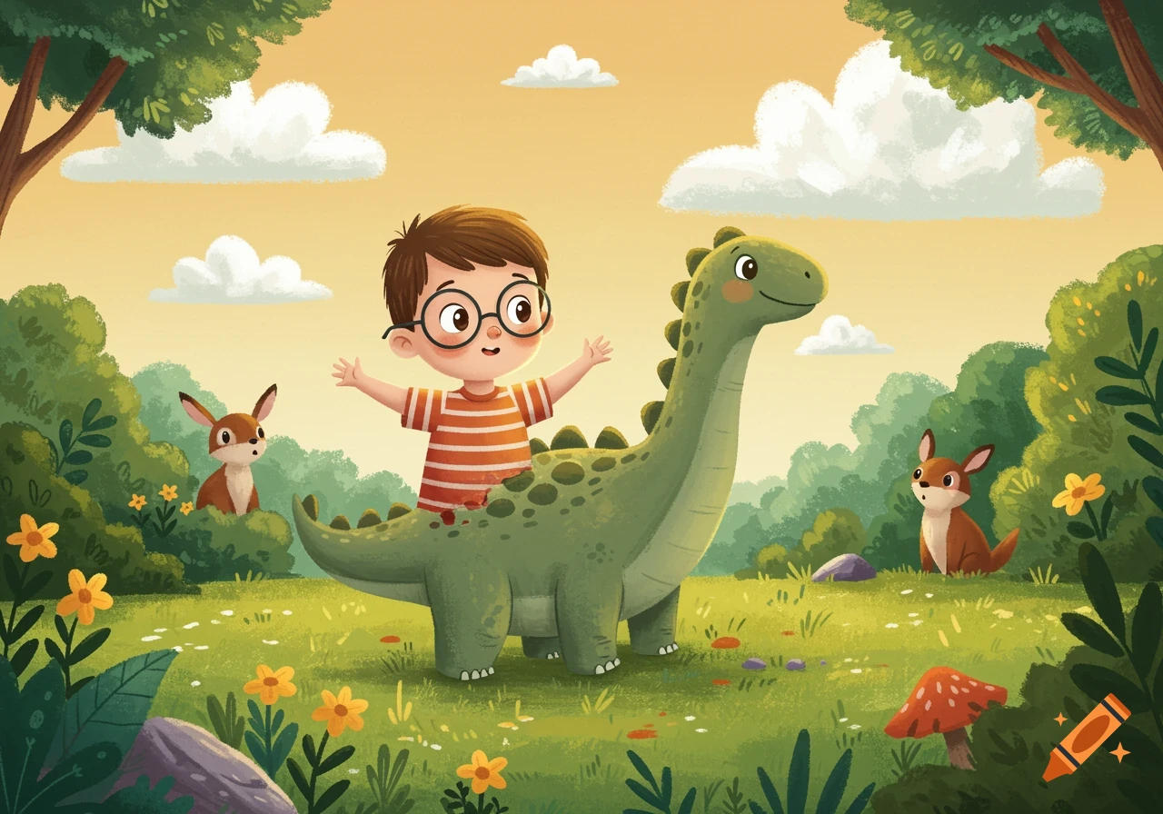 A smiling boy with glasses rides a green dinosaur in a bright, grassy field with rabbits and trees, in a children's book illustration style.