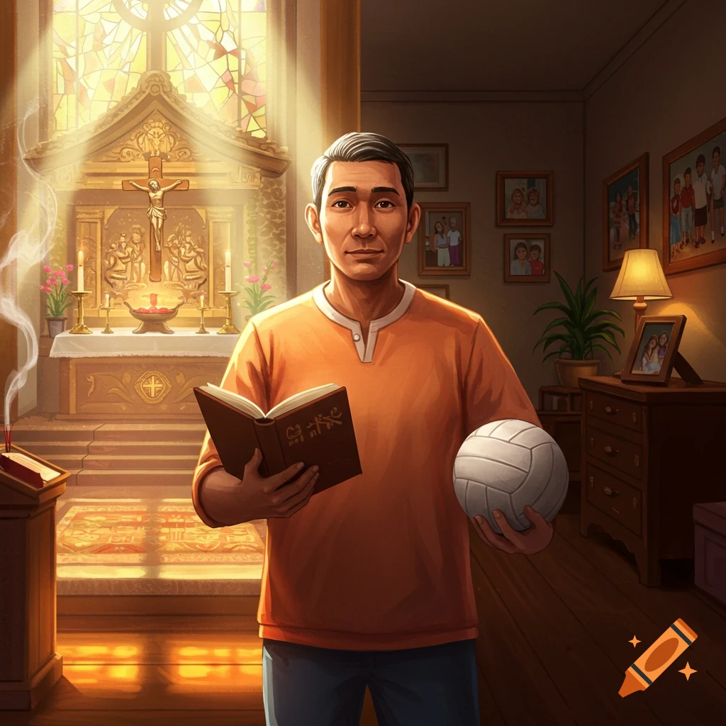 A man stands between a church altar and a living room, holding a book with illegible text and a volleyball.