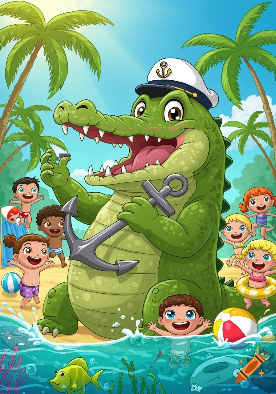 A happy cartoon alligator wearing a captain's hat and holding an anchor, surrounded by smiling children playing on a sunny beach.