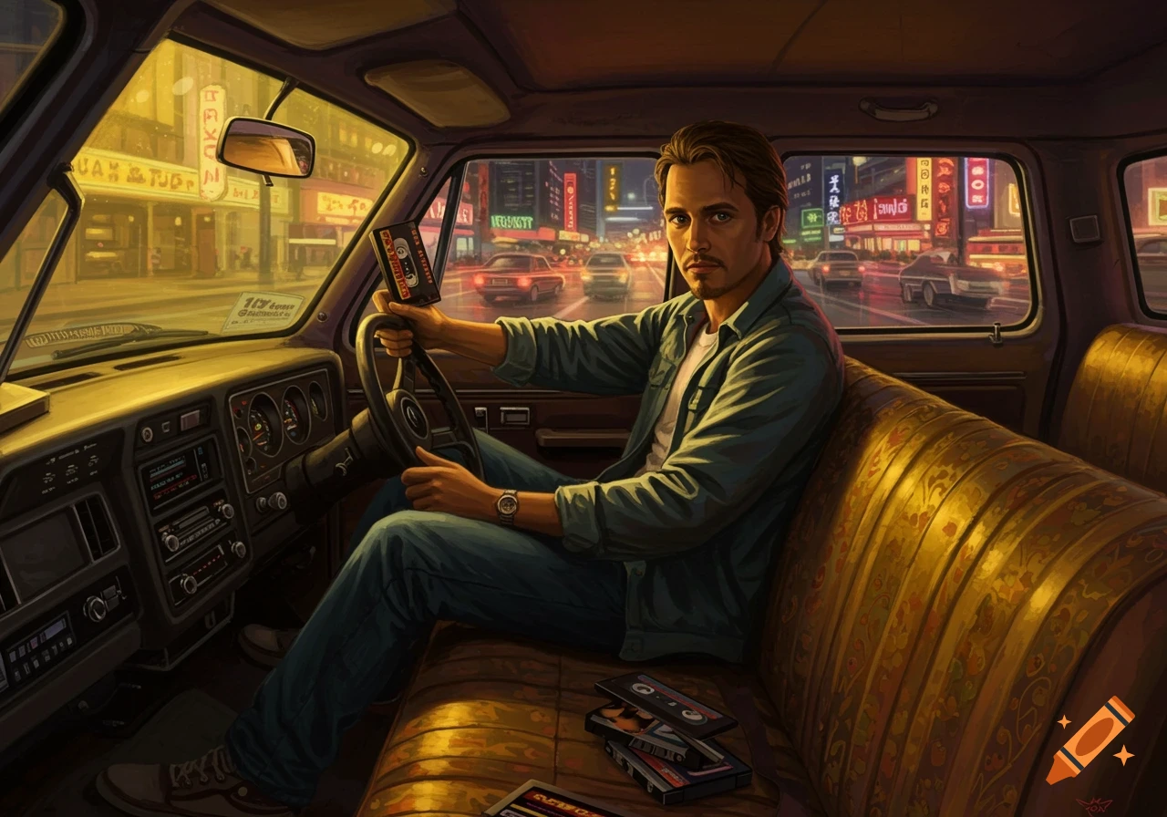 A man with a mustache sits in a retro minivan at night, holding a cassette tape, with neon city lights in the background.