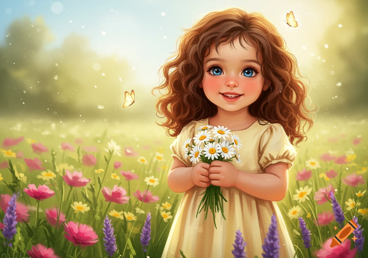 A cute young girl with curly brown hair holds daisies in a field of colorful wildflowers with butterflies, stylized illustration.