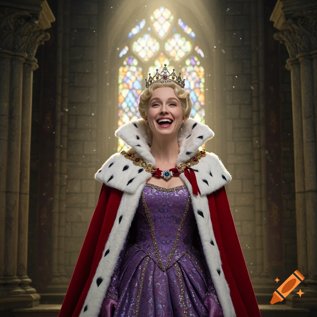 A happy woman in a purple gown, red and white fur-trimmed cloak, and crown in a medieval throne room with a stained glass window.