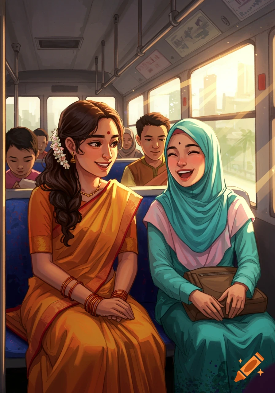 Two smiling women, one in a yellow saree and one in a teal hijab, talk cheerfully while riding a bus, illustrated in a vibrant, stylized art style.