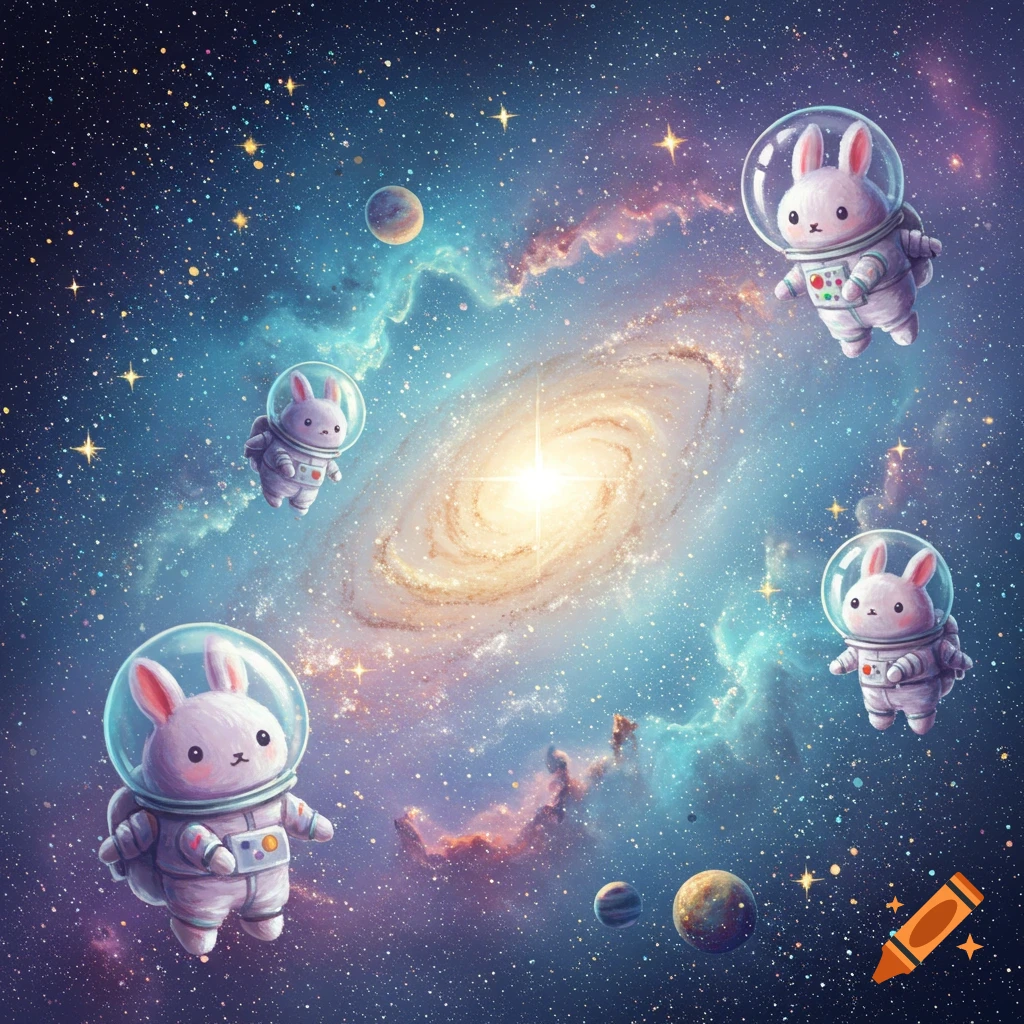 Cute cartoon bunnies in astronaut suits floating in a vibrant galaxy with twinkling stars and planets.
