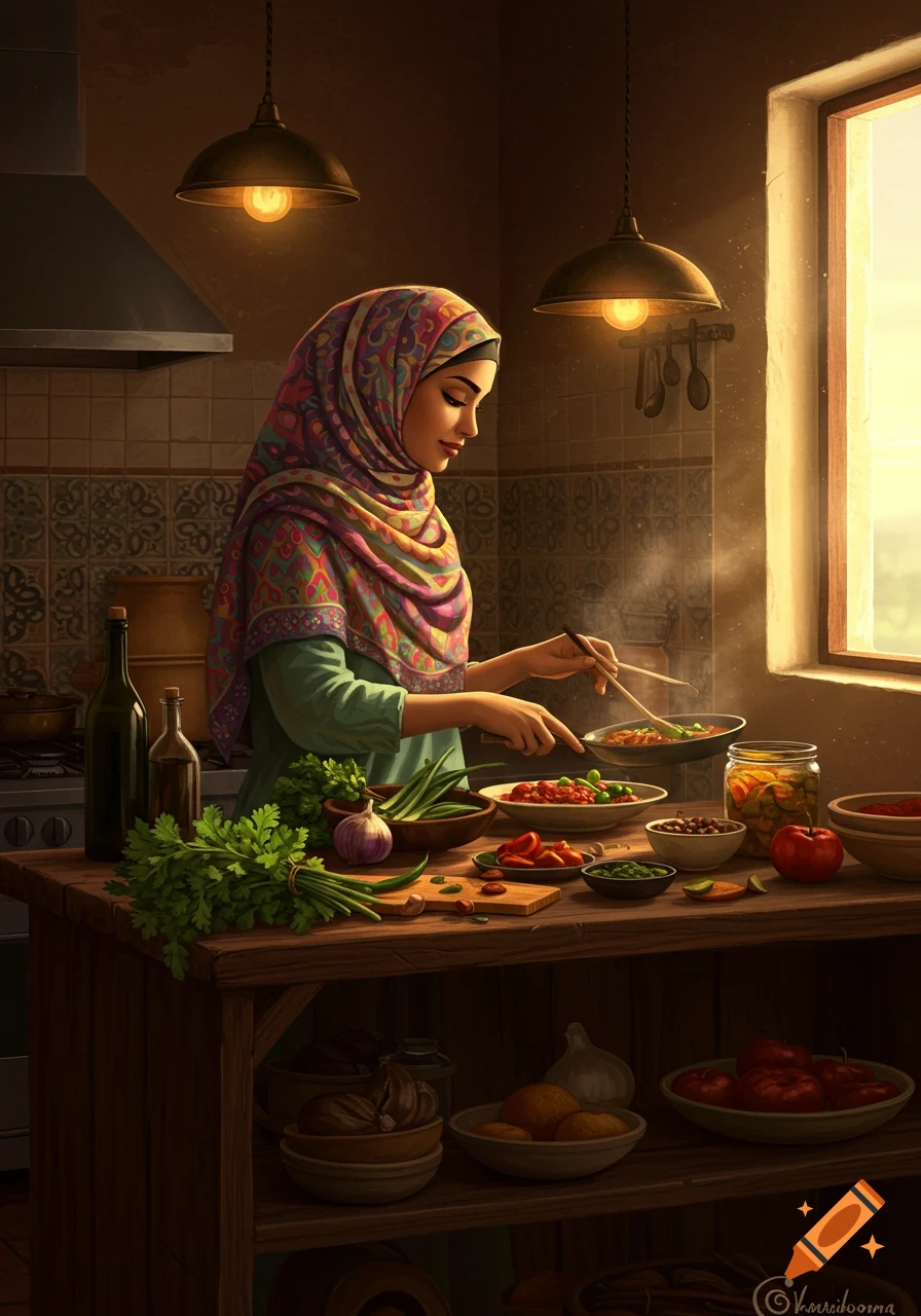 Illustrated woman in a colorful hijab cooking in a rustic kitchen with fresh ingredients.