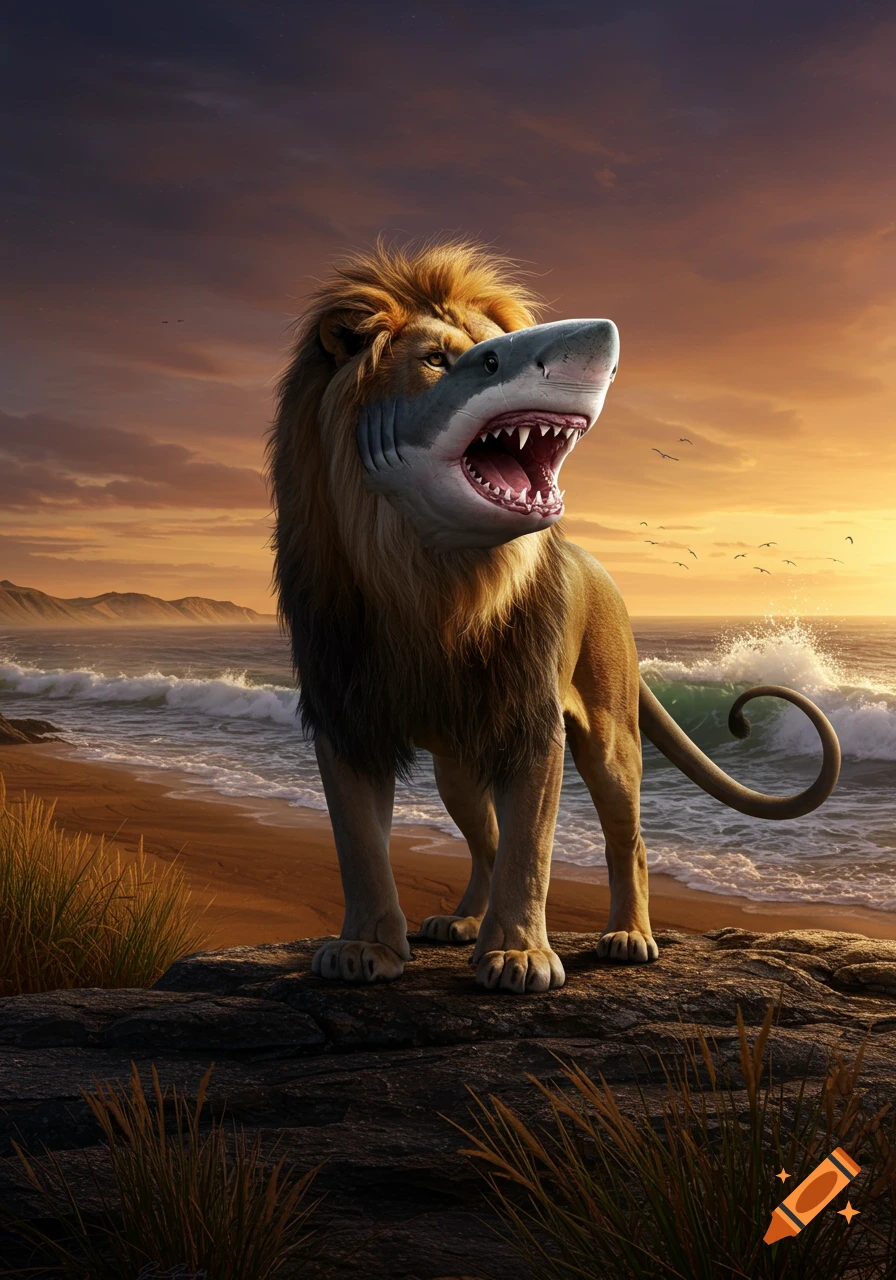 Photorealistic lion with a shark head standing on a rock at a beach with ocean waves under a sunset sky.