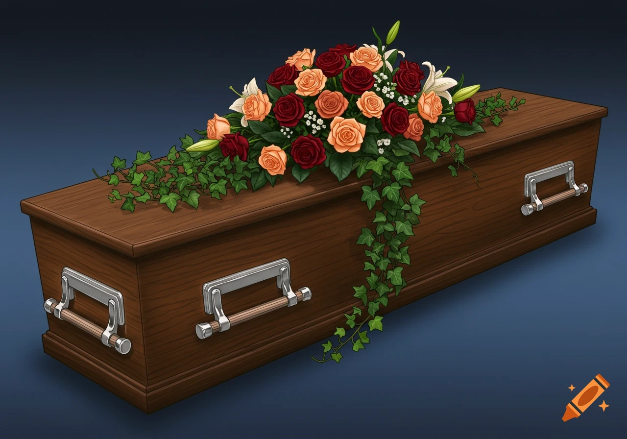 A dark wood coffin with silver handles, adorned with red and peach roses, white lilies, and green ivy, against a dark blue background.