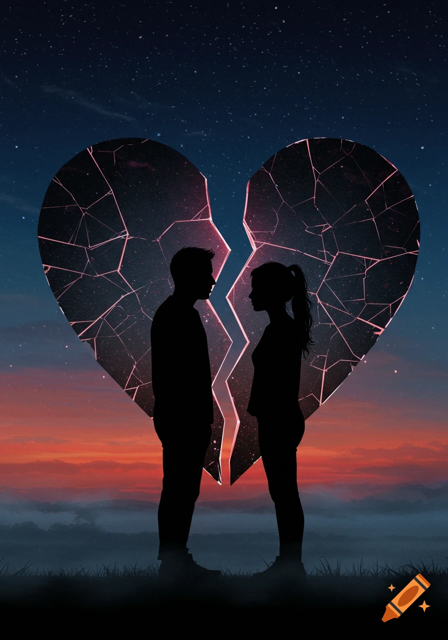 Silhouettes of a man and woman facing each other, set against a large broken heart with glowing red cracks. The background shows a sunset over a misty landscape under a starry night sky.
