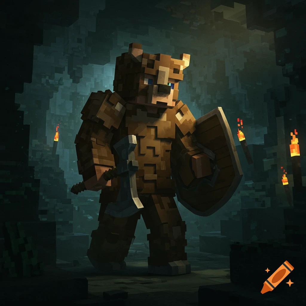 A Minecraft character wearing bear-skin armor, holding an axe and shield in a dark, torch-lit cave.