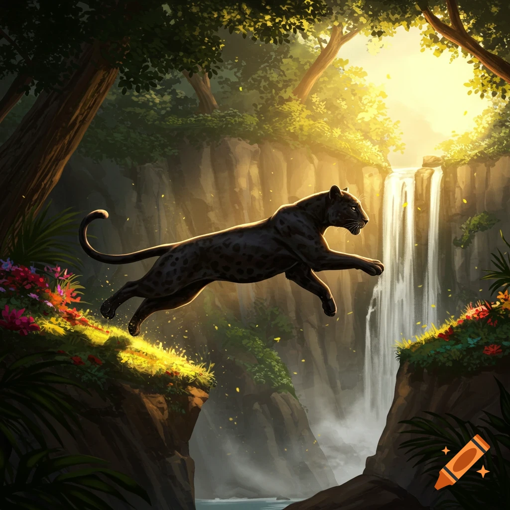 A black panther leaps over a chasm in a lush, sunlit jungle with a waterfall behind it, in an illustrative style.