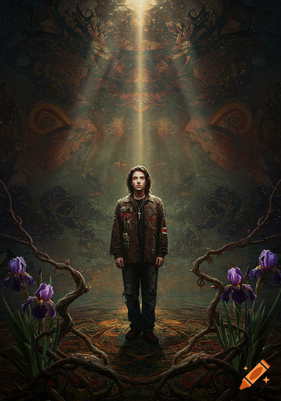 A man stands under a light beam in a dark, psychedelic landscape with roots and irises, abstract background, in a detailed oil painting style.