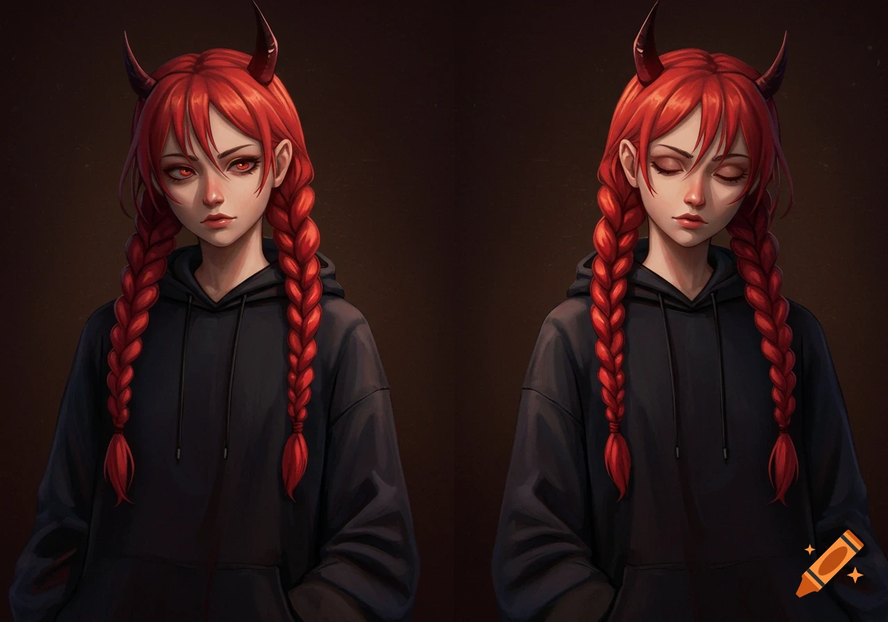 Anime girl with long red braided hair, devil horns, and red eyes wearing a black hoodie, shown with eyes open and eyes closed.