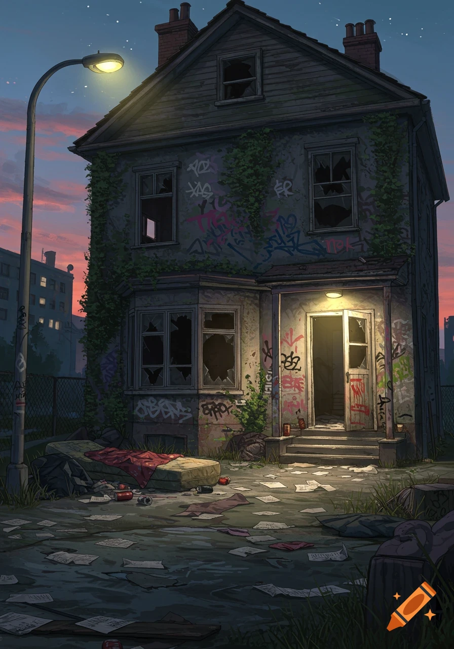 An illustration of a rundown, graffiti-covered house with broken windows and a mattress on the trash-strewn ground, illuminated by a street light at dusk.
