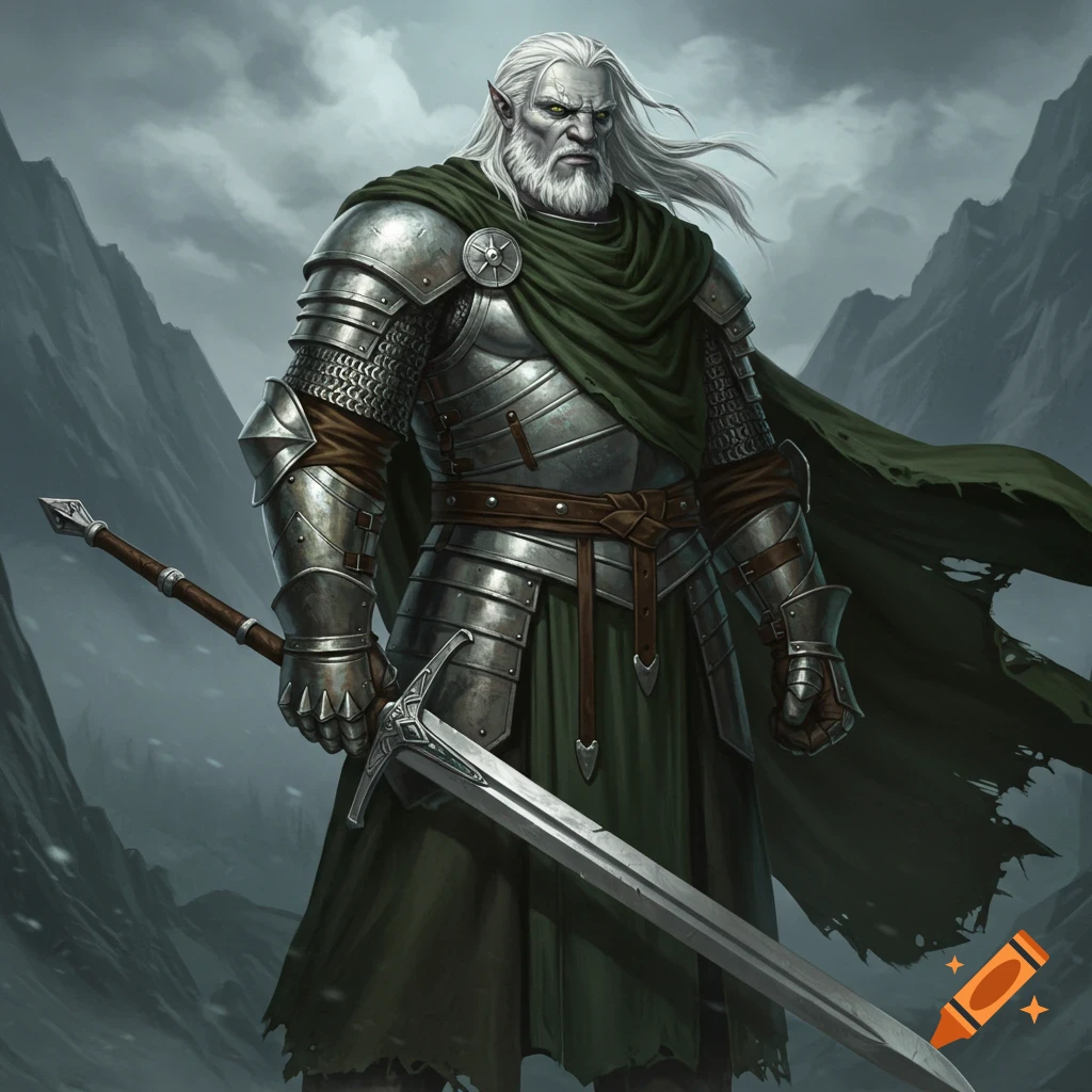 A muscular goliath paladin with gray skin, white hair, a green cloak, and silver armor holds a large longsword in a snowy mountain landscape. Digital art.
