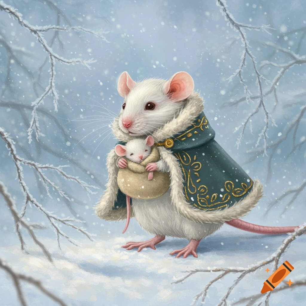 A white mouse in a fur-lined cloak carries a baby mouse in a warm pouch through a snowy forest.