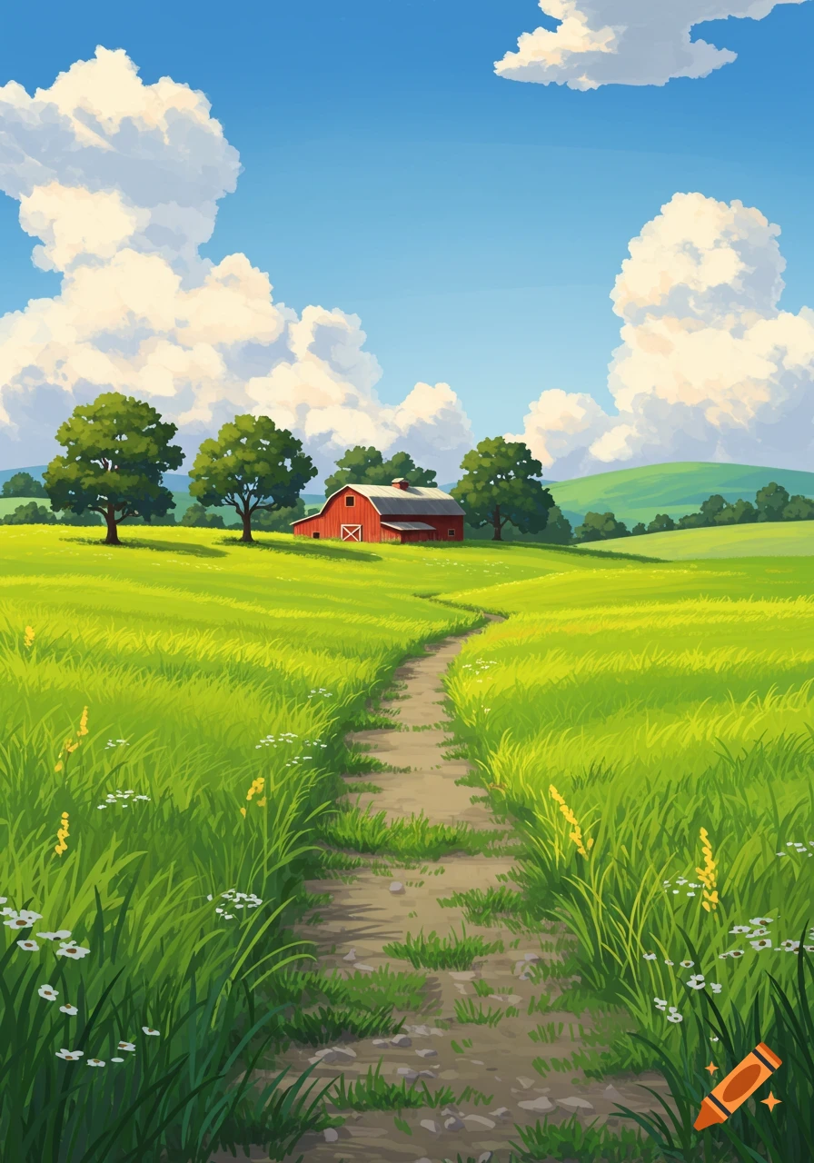 Winding dirt path through a vibrant green field leading to a red barn surrounded by trees under a blue sky with fluffy clouds, anime style.