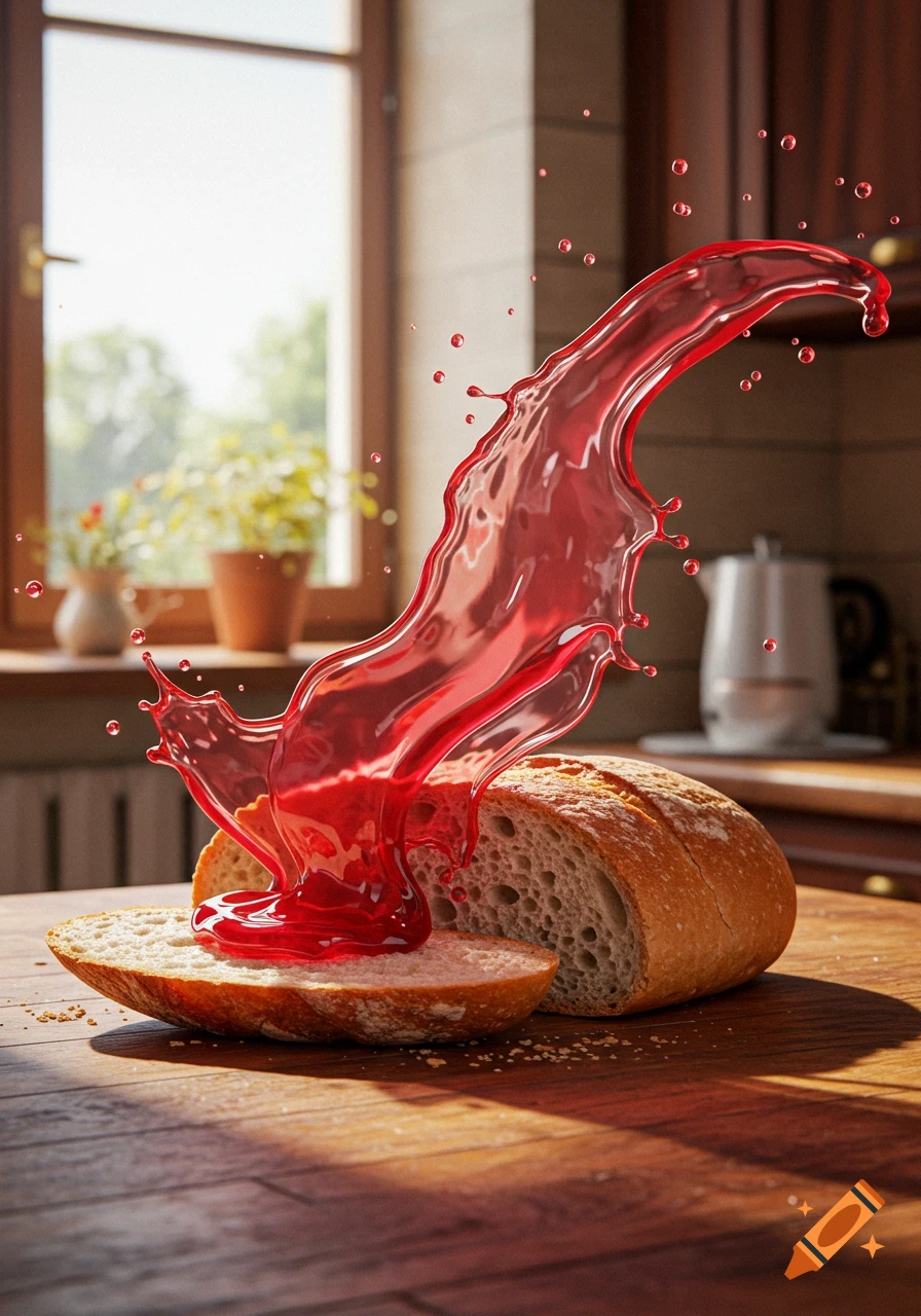 Photorealistic image of a vibrant red liquid splashing onto a sliced loaf of bread on a wooden kitchen counter.