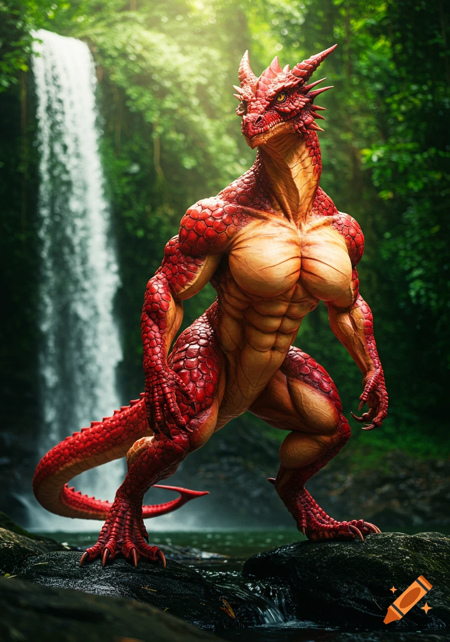 A muscular, red-scaled bipedal dragoness stands on a rock in a lush jungle with a waterfall in the background.