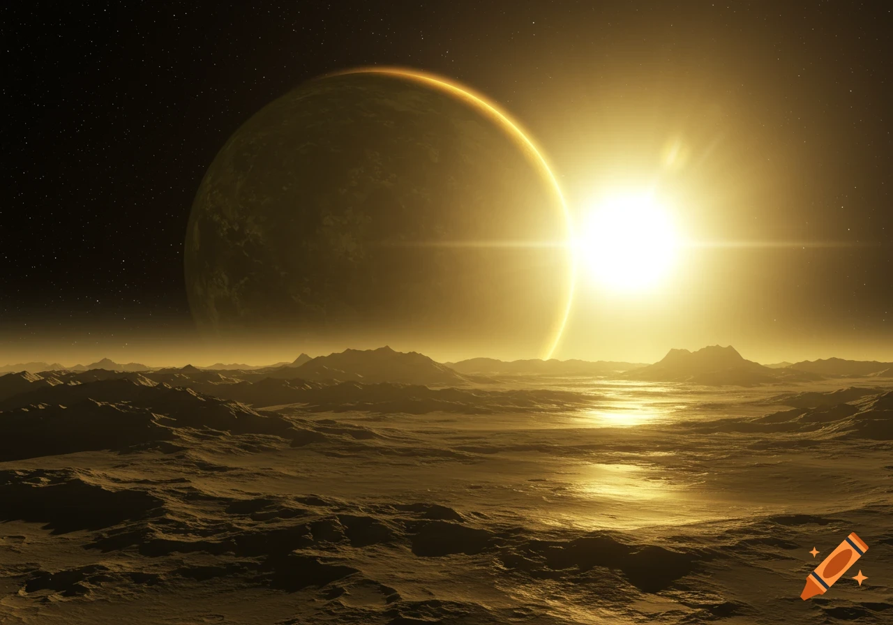 A bright sun glows over a rugged, rocky alien landscape with a large, olive-green planet partially visible in the dark sky.