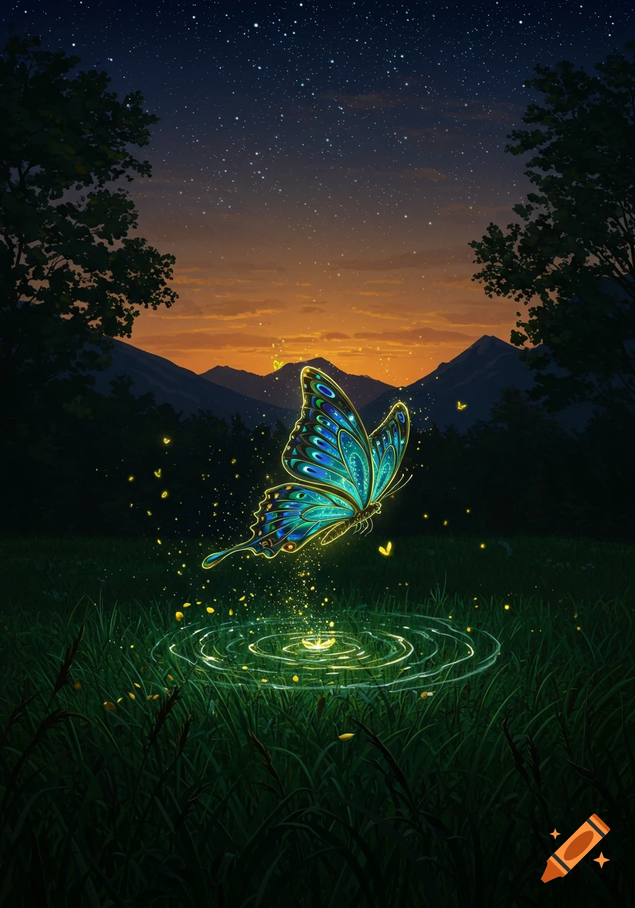 A glowing, vibrant blue and green butterfly hovers over a luminous ripple in a dark field at sunset, under a starry sky with mountains and trees.