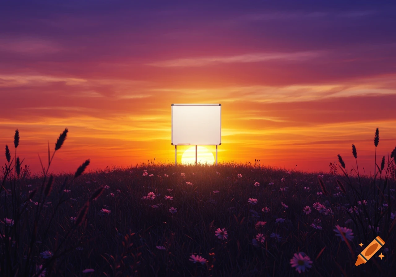 A blank flipchart stands on a grassy hill with small white flowers under a vibrant orange and purple sunset sky.