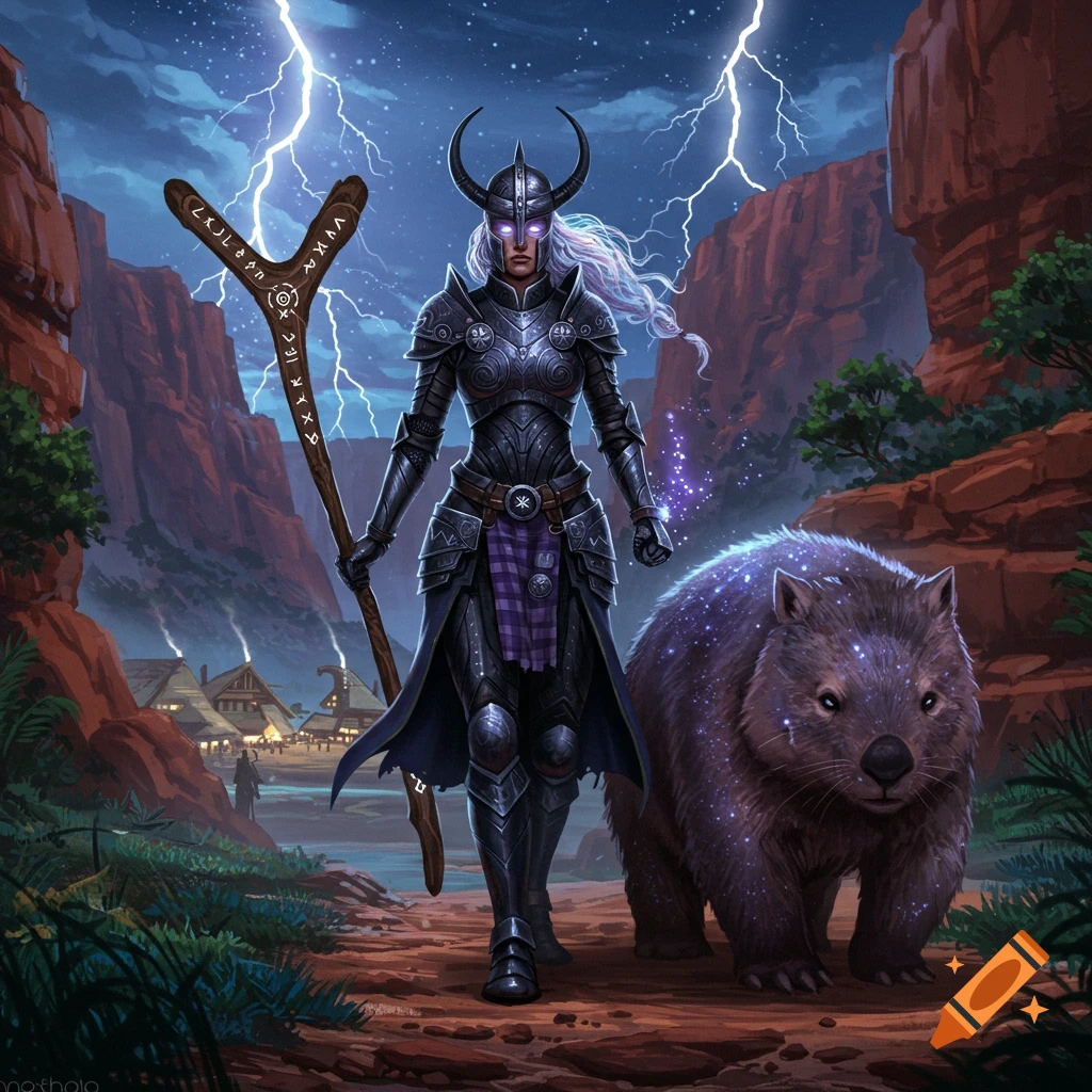 An armored warrior with glowing eyes and a staff walks with a glowing cosmic wombat through a canyon landscape with lightning in the sky and distant villages.