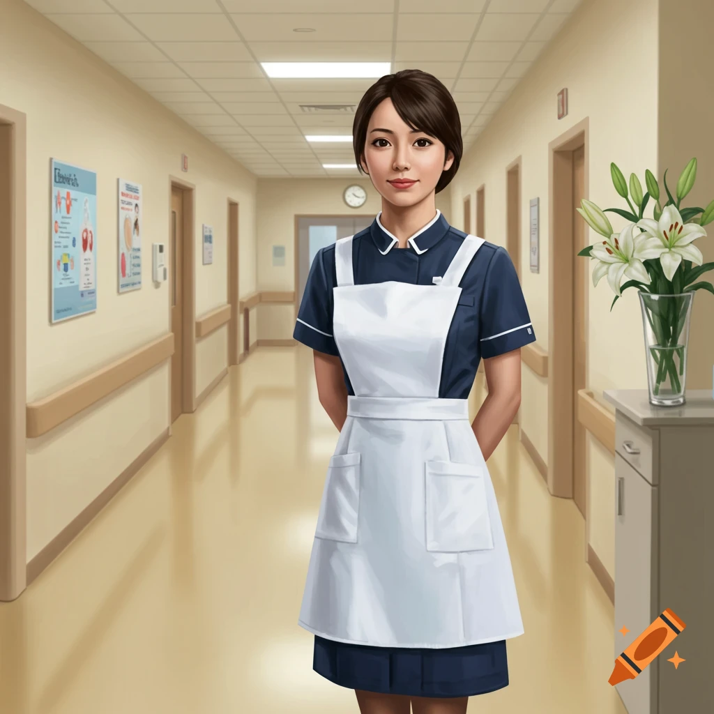 A smiling woman in a dark blue nurse's uniform and white apron stands in a hospital corridor, holding her hands behind her back. Photorealistic style.