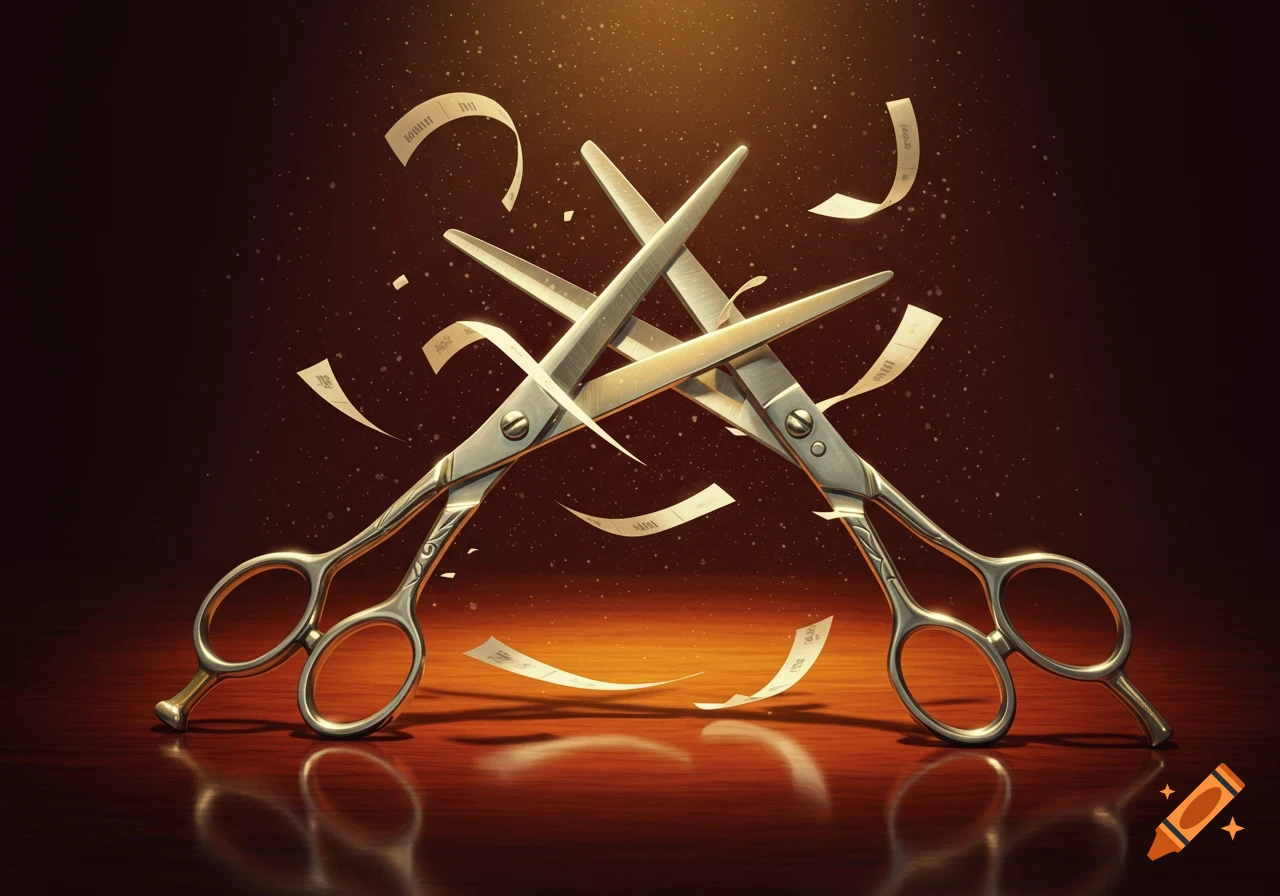 Two shiny metallic scissors cross over each other, appearing to cut small floating pieces of paper, on a dark, reflective wooden surface.