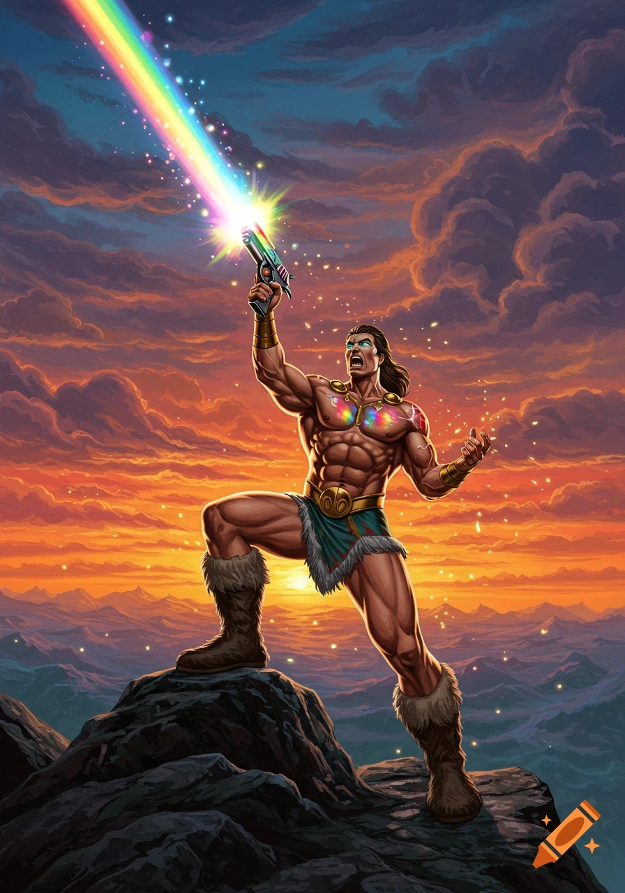 Muscular warrior on a mountain at sunset, firing a rainbow beam from a pistol into the sky. Vibrant comic book art style.