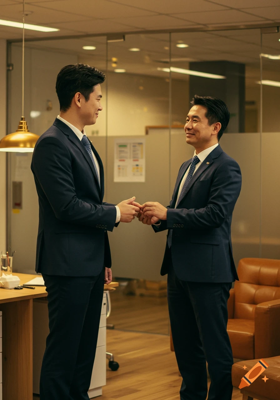 Two Asian businessmen in suits shake hands in a modern office with warm lighting, photorealistic style.