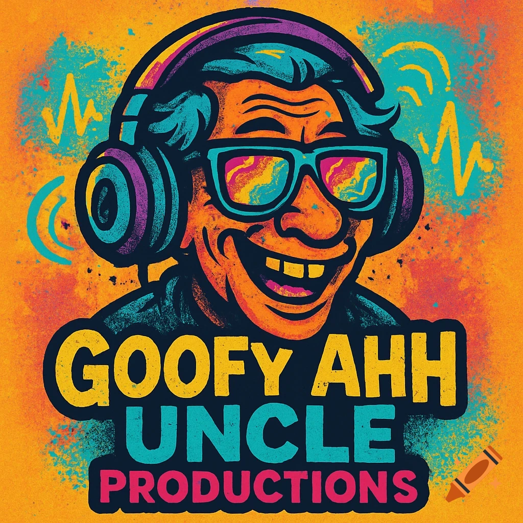 Vibrant cartoon logo of a grinning man with headphones and sunglasses, against an orange background, with the text "GOOFY AHH UNCLE PRODUCTIONS".