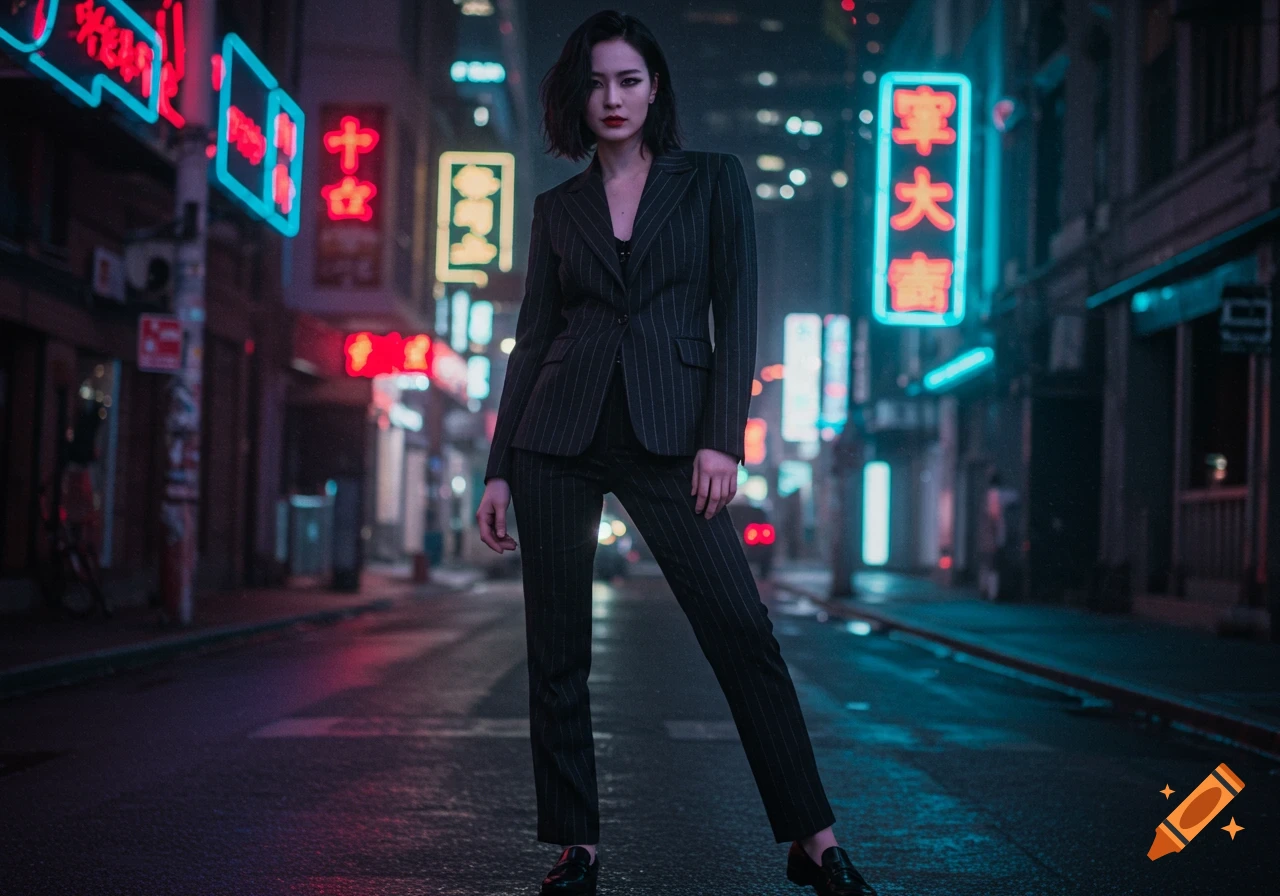 A woman in a dark pinstripe suit and loafers stands on a wet street at night, illuminated by colorful neon signs in a futuristic urban setting.