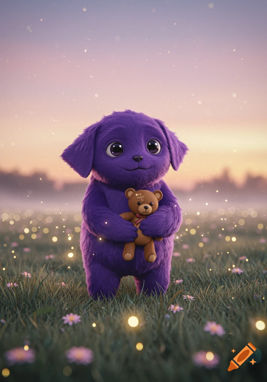 A fluffy purple creature with big eyes holds a brown teddy bear in a dreamy field with glowing lights at sunset.