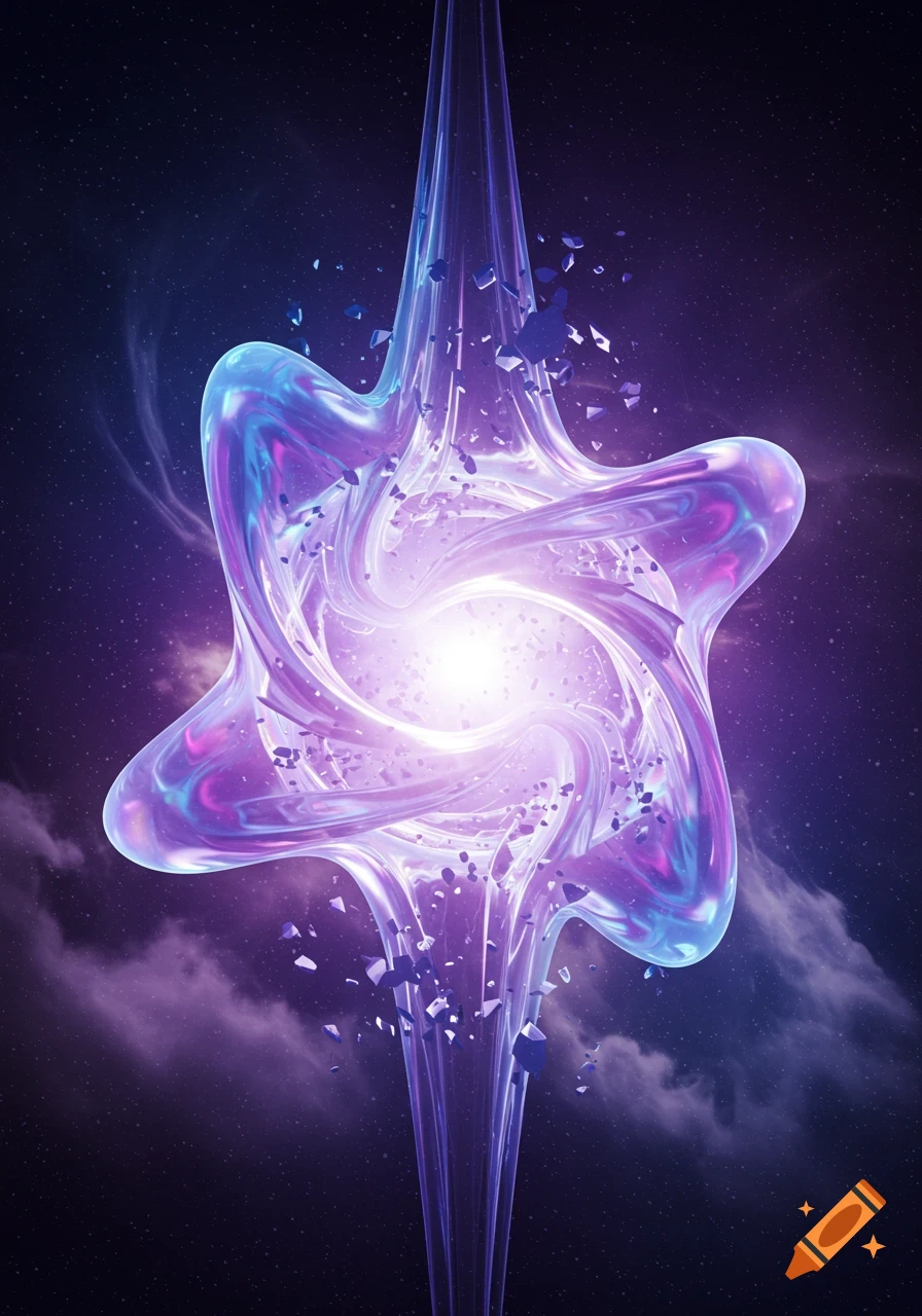 An abstract, glowing, purple and blue star-like entity in space, surrounded by shattered fragments and cosmic dust.