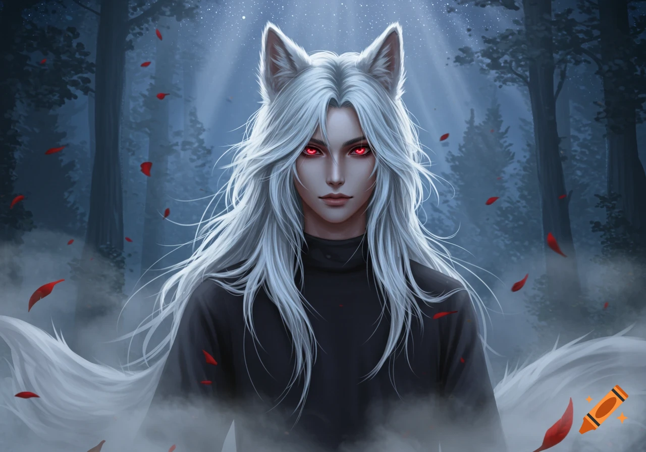 A fantasy wolf-boy with long white hair, red glowing eyes, and wolf ears stands in a misty dark forest with falling red petals.