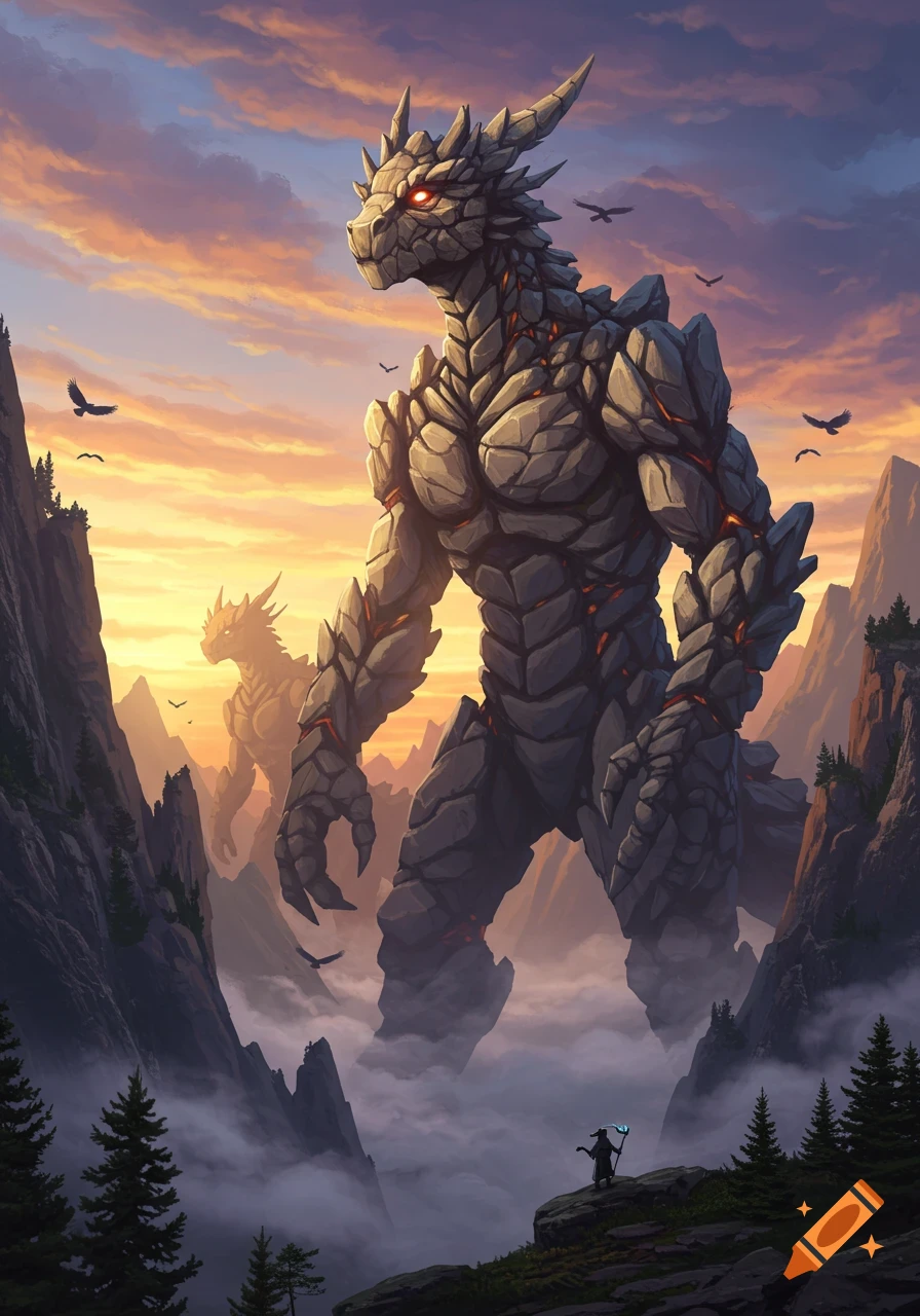 Giant rock dragon monsters stand in a misty mountain valley under a sunset sky, with a small wizard observing.