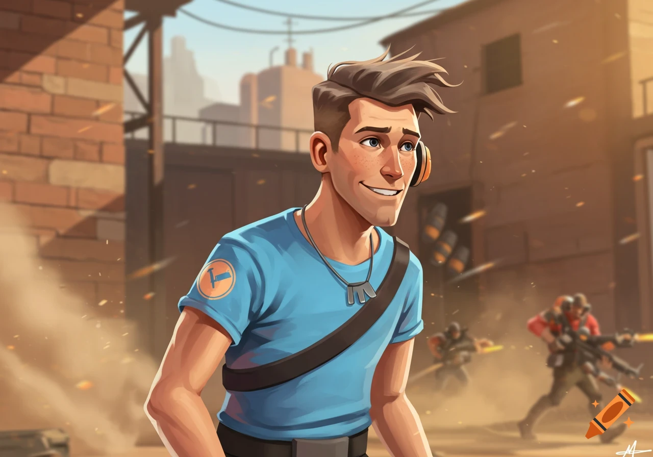A stylized cartoon man, the TF2 Scout, with a blue shirt and headset, smiles in a dusty urban battlefield with other characters in the background.
