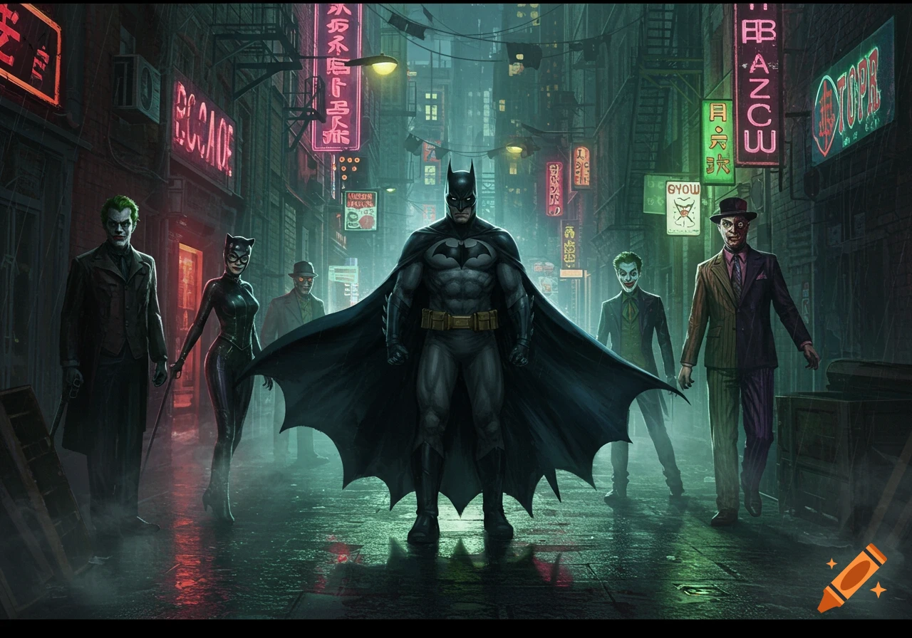 Batman stands heroically with his cape spread, facing a group of villains including Joker, Catwoman, and Two-Face, in a dark, neon-lit alley.
