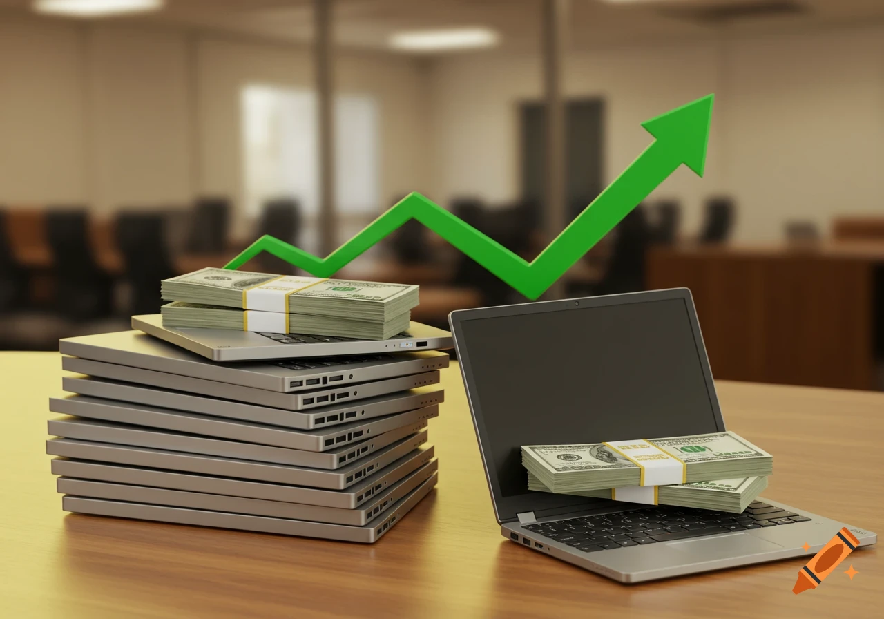 Stacks of laptops with bundles of money on top and a green upward arrow, in an office setting. 3D render.