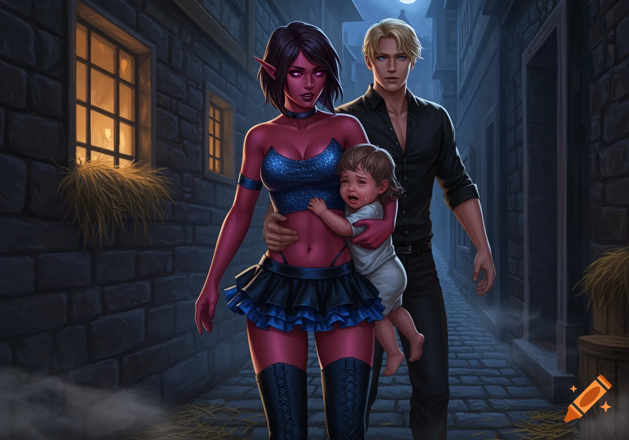 An elf woman with red skin and black hair holds a crying human child, while a blonde man stands protectively behind them in a dark medieval alley.