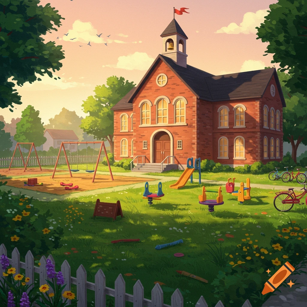 Colorful cartoon illustration of a traditional brick schoolhouse with a bell tower, a sunny playground, trees, and a white picket fence.
