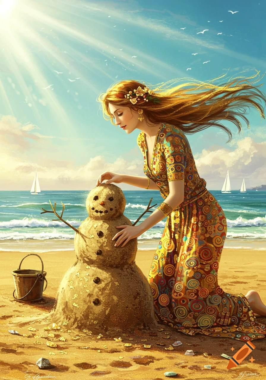 Klimt-style painting of a woman with long hair and a patterned dress building a sand snowman on a sunny beach.