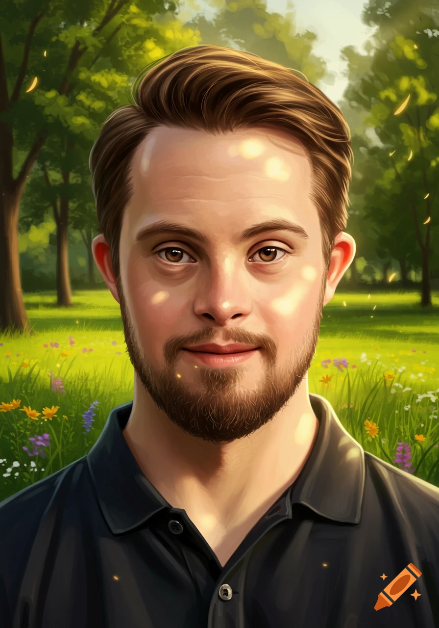 Digital painting of a man with a beard and brown hair, smiling outdoors in a sunny park.