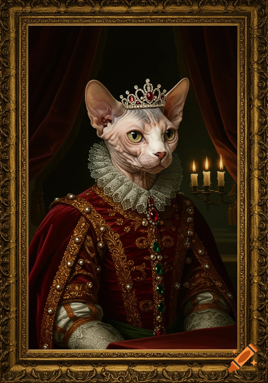 A regal portrait of a Sphynx cat dressed as a medieval queen, wearing a jeweled crown and elaborate red and gold attire, set in an ornate golden frame.