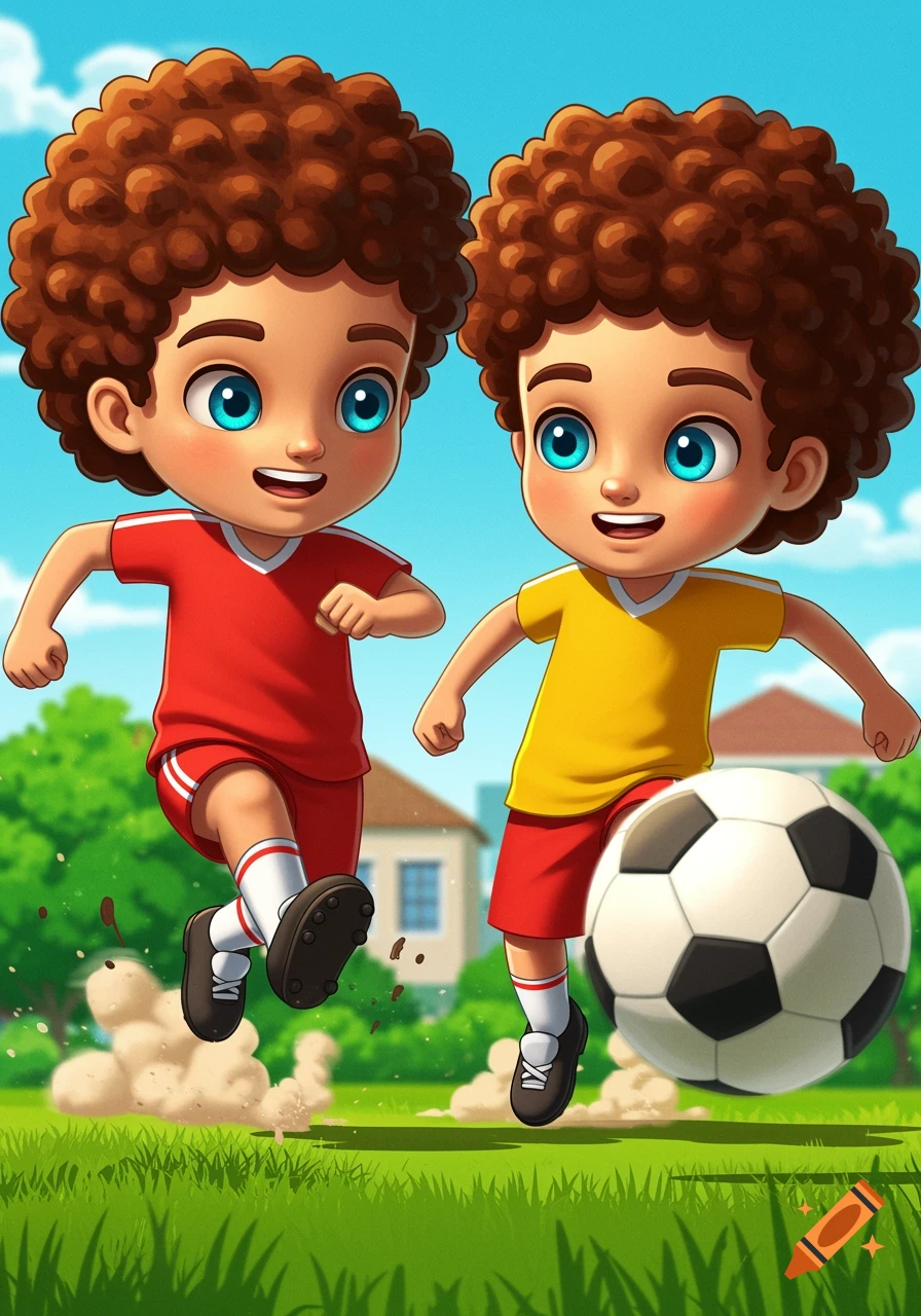 Two happy cartoon twin boys with curly brown hair and blue eyes play soccer on a grassy field under a blue sky.