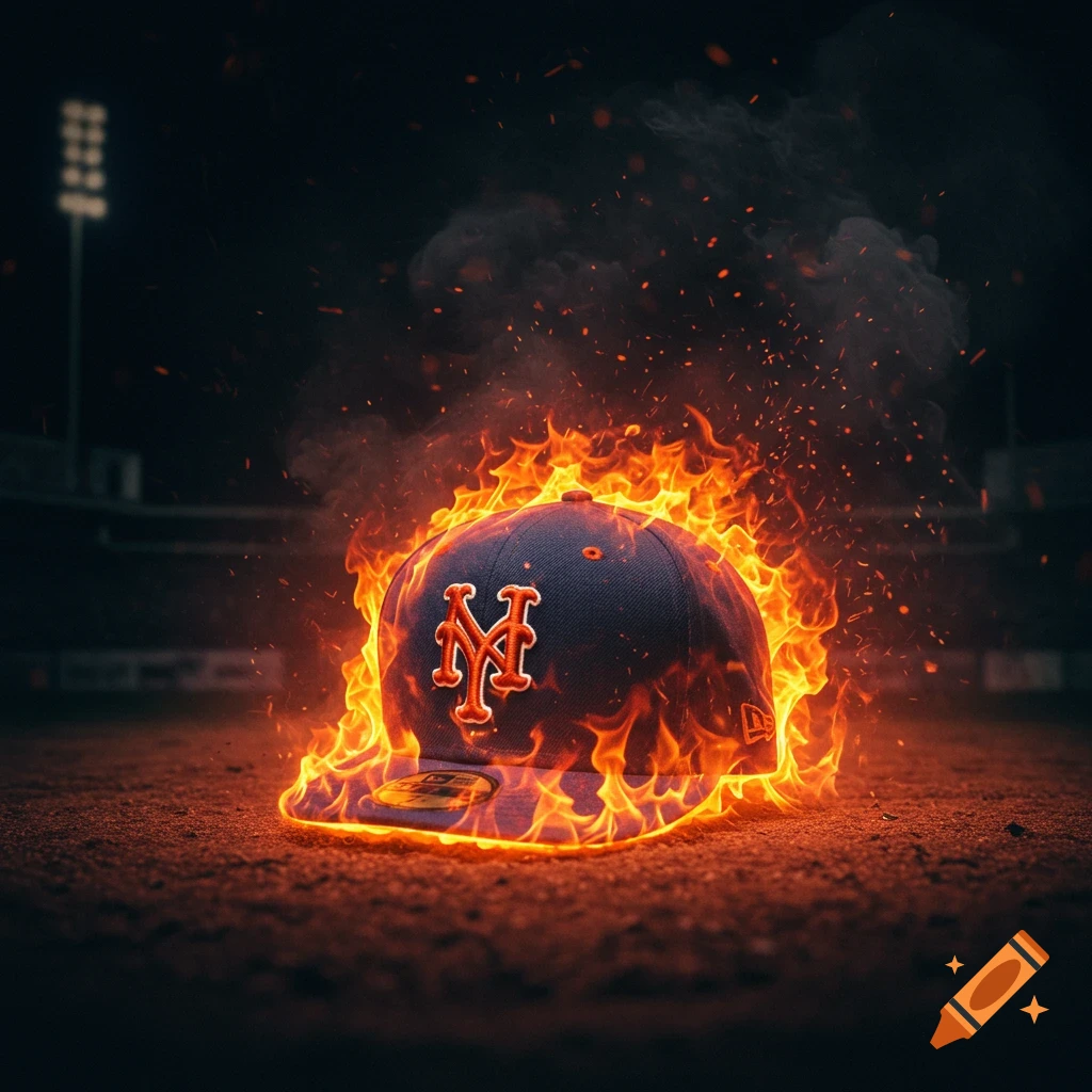 A New York Mets baseball cap is engulfed in bright orange flames, sitting on dirt in a dark stadium with lights in the background.