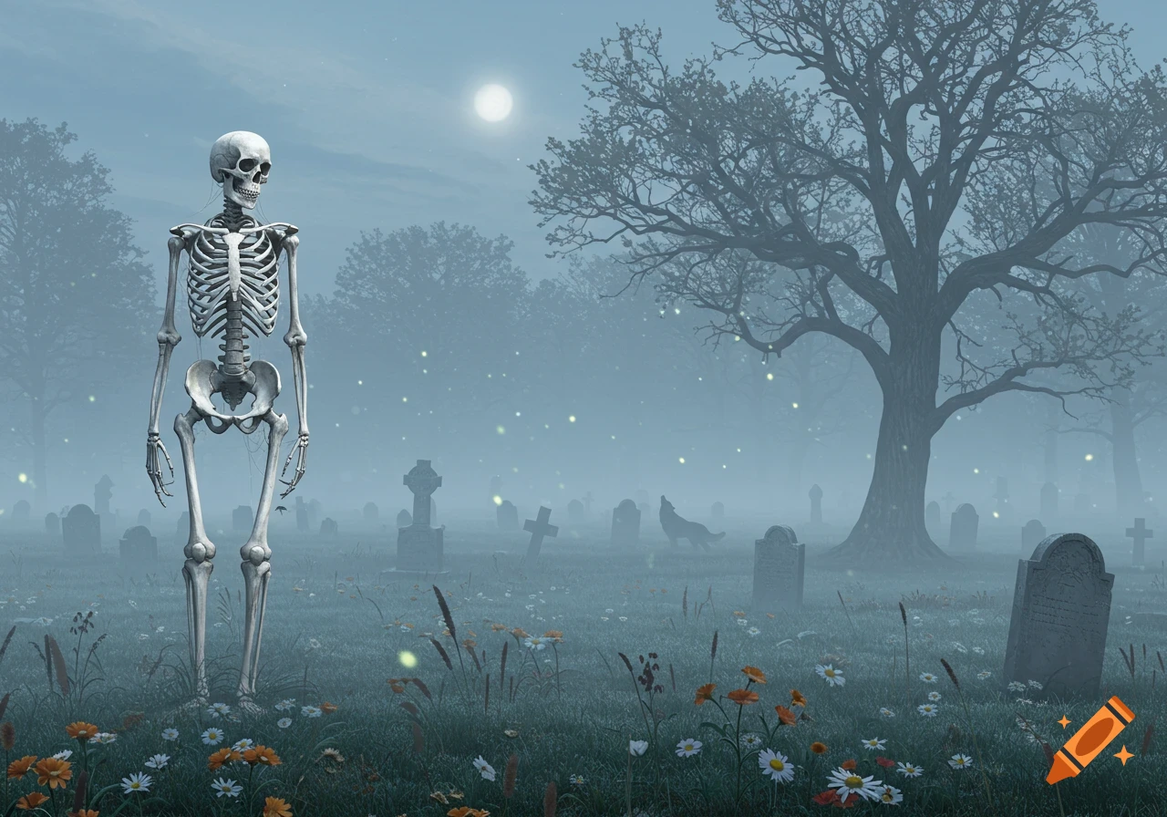 A photorealistic skeleton stands in a misty graveyard at night, with a full moon, old trees, and flowers.